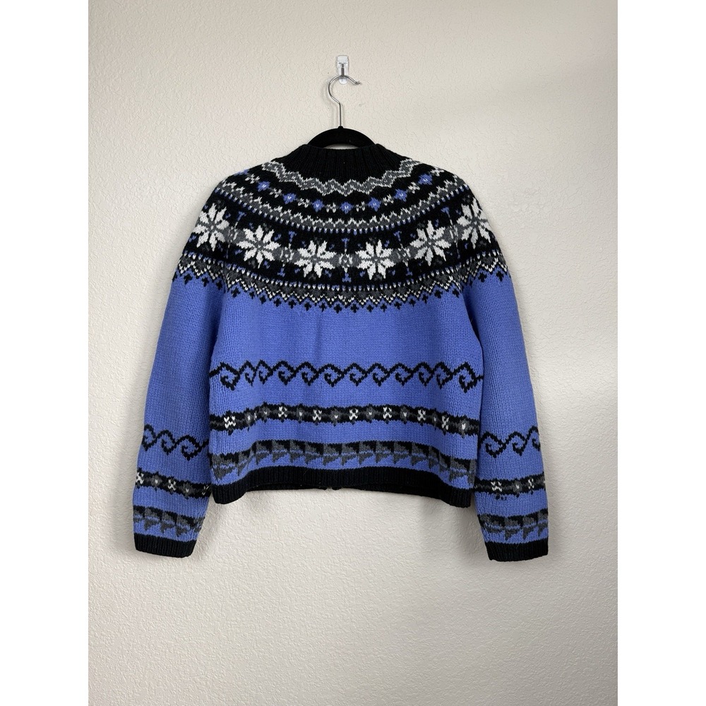 Icelandic Design Full Zip Cardigan Wool Blend Blue Black Fair Isle Sweater M - Picture 7 of 7